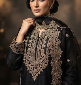 Falak Black Zari Formal 3-Pc - Luxury Pret & Couture