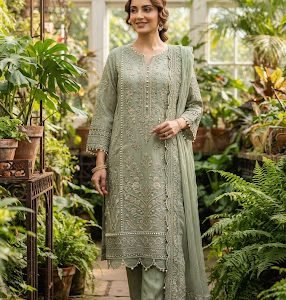 Noor-e-Jahan Sage Green Chiffon Suit - Luxury Pret & Couture